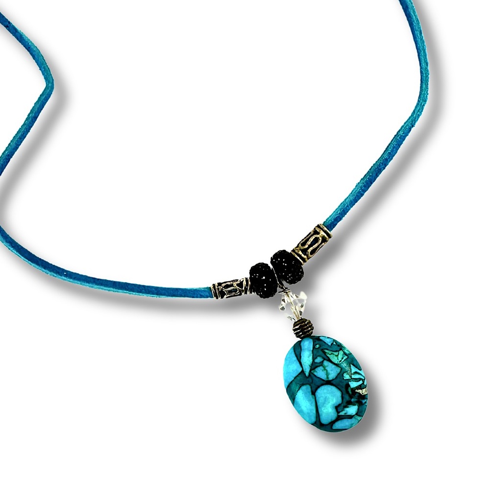 Hand Crafted Turquoise Blue Stone Pendant Necklace On a Suede Cord One of a Kind